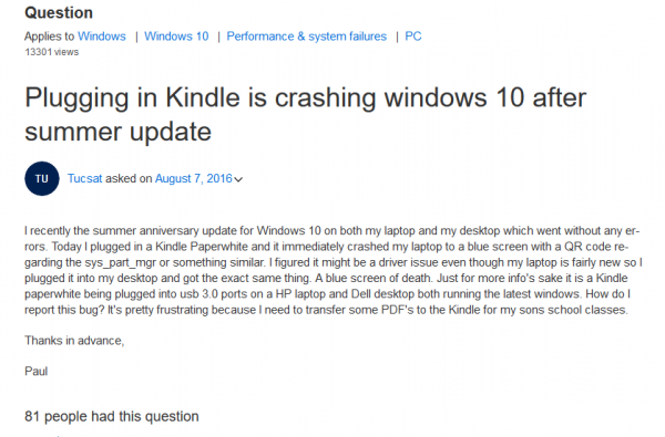 Windows 10周年更新版插入Kindle会导致蓝屏死机